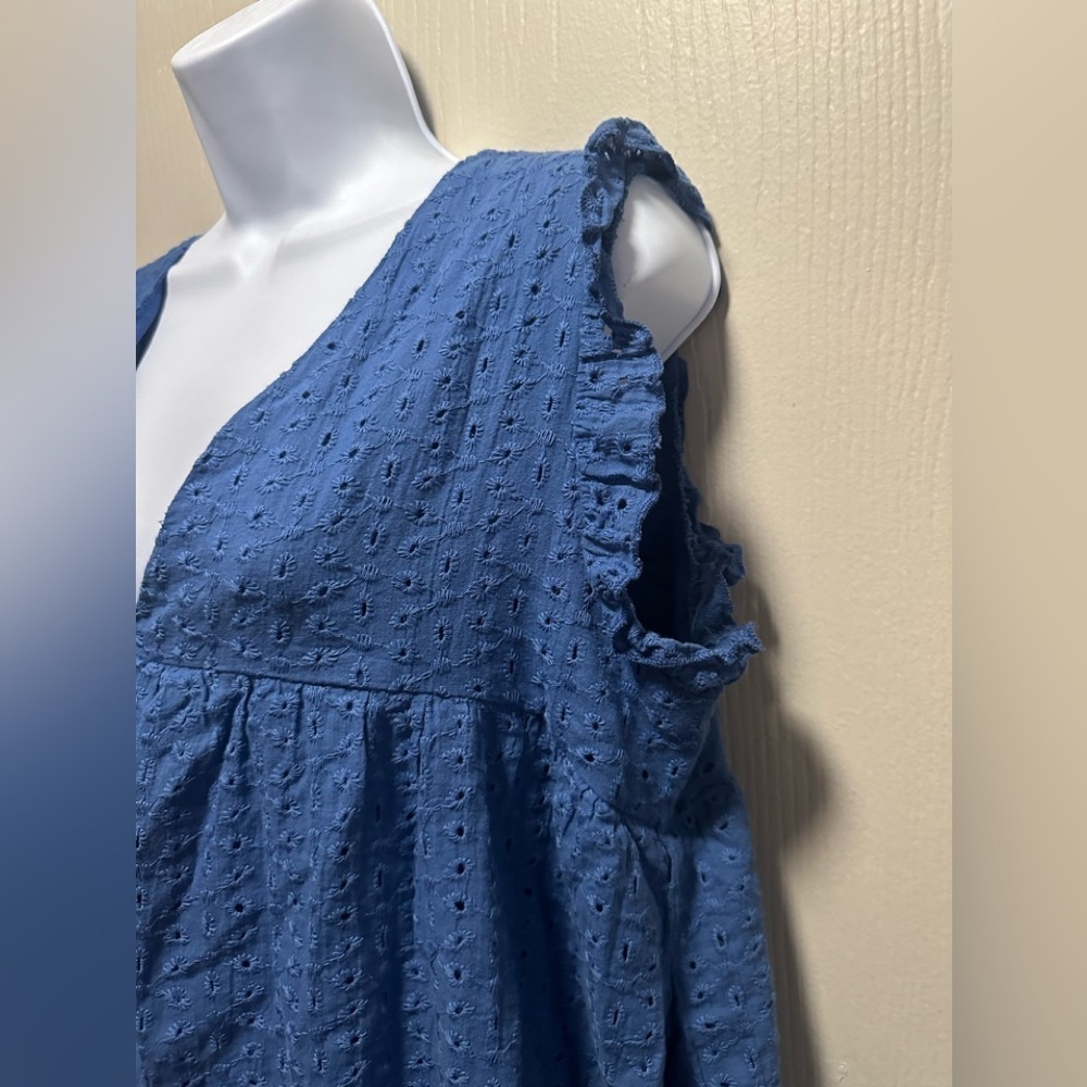 Blue Eyelet Babydoll Dress with Ruffle Sleeves - Size Large - Summer Chic - Picture 8 of 16